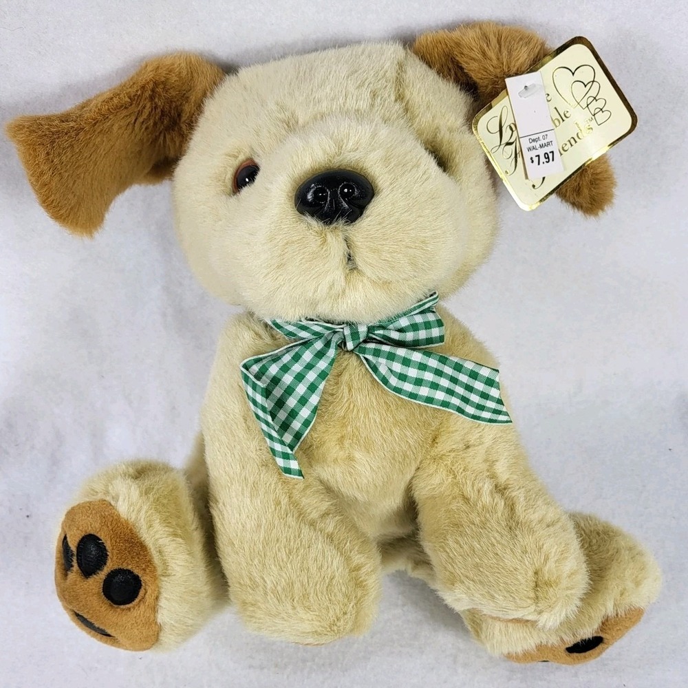 Walmart Loveable Huggables‎ Plush Puppy Green Gingham Bow 13 Inch Vintage